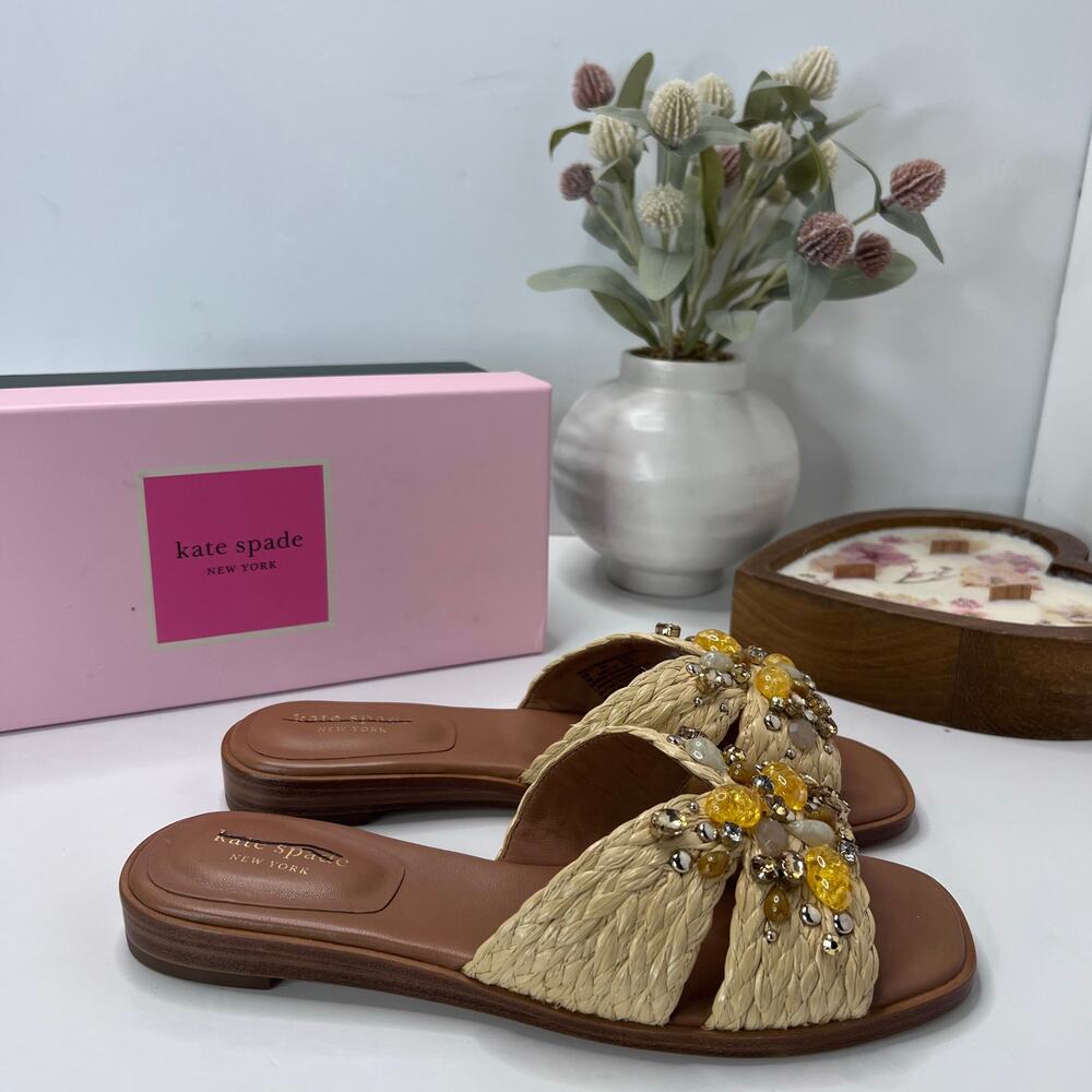 Kate Spade Dock Crystal Natural Braided Raffia Slide 10011323 Women 7B NWB - Picture 4 of 10